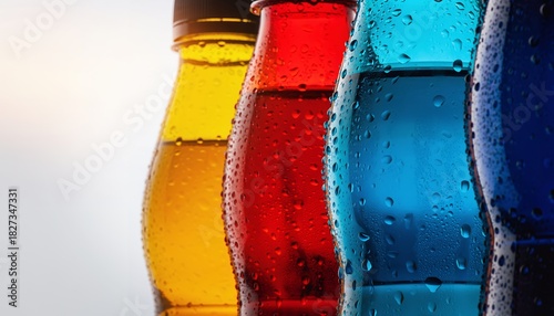 Colorful Bottles with Water Droplets in Bright Lighting for Refreshment Advertisement