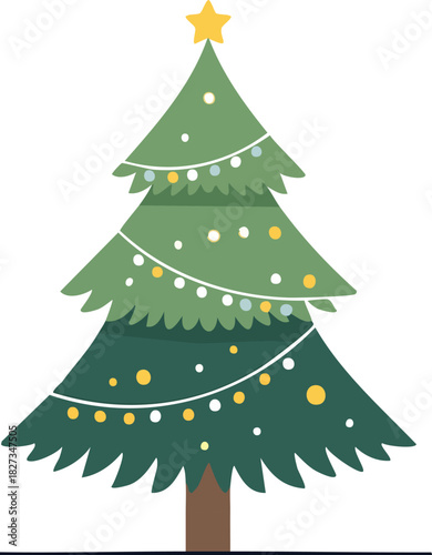 Festive green Christmas tree adorned with glowing yellow and white string lights and topped with a shining star, perfect for holiday celebrations