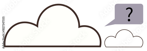 Large cloud outline faces small cloud, highlighted speech bubble with question mark is present. Ideal for communication, doubt, curiosity, inquiry, problem solving, mentorship, and creative thinking
