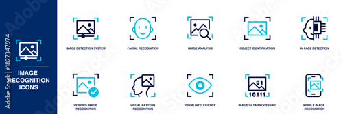 Image Recognition Blue Colored Outline Icon Set