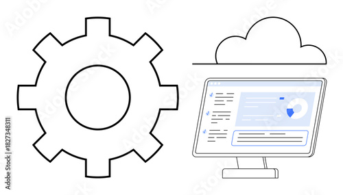Gear symbol, cloud outline, and monitor displaying analytics screen emphasize cloud computing, automation, data analysis, and technology integration. Ideal for IT, business, data technology