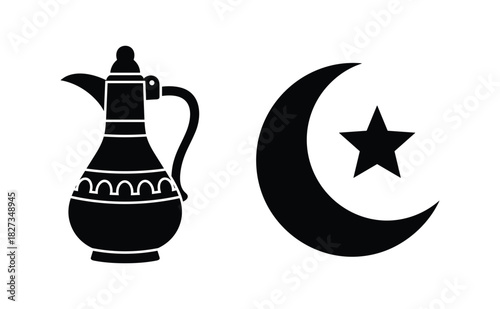 Arabic coffee pot, dallah, crescent moon, star symbol, islam illustration, black silhouette