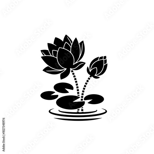 World Wetlands Lotus flower silhouettes one with leaf cluster black on white