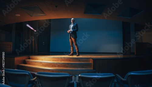 Confident Male Presenter Standing on Stage in Modern Auditorium with Blue Background and Audience Seating