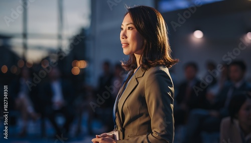 Confident Young Woman in Business Suit Standing in Modern Conference Room