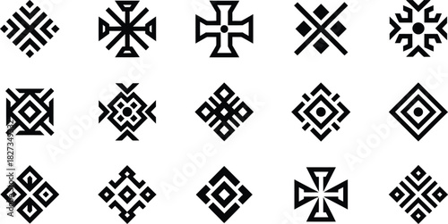 Large collection of small cross and diamond geometric abstract ornamental motifs: traditional tribal ethnic decorative element set for textile, fabric, and tattoo.