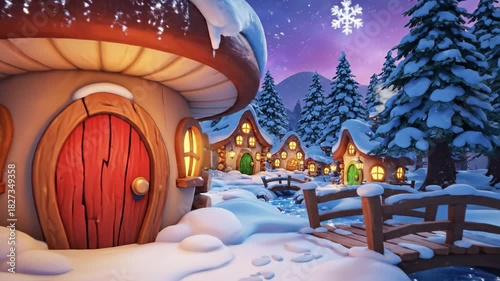 Christmas village background with snow covered mushroom houses and glowing windows starry night sky creating magical winter atmosphere full of warmth festive charm and cozy christmas background