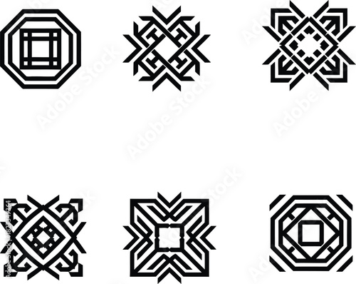 Octagonal and square geometric abstract ornamental motif collection: complex tribal ethnic decorative element set for textile fabric wallpaper packaging backdrop.