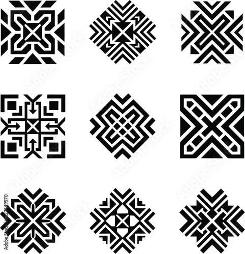 Squared tribal ethnic geometric abstract repeating motif set: aztec mayan inca native american ornamental collection for fabric, wallpaper, and background print.