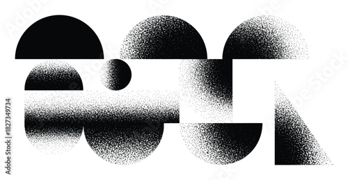 Modern abstract composition with circles, semicircles, triangles. Grainy texture, stipple effect, contemporary graphic design.