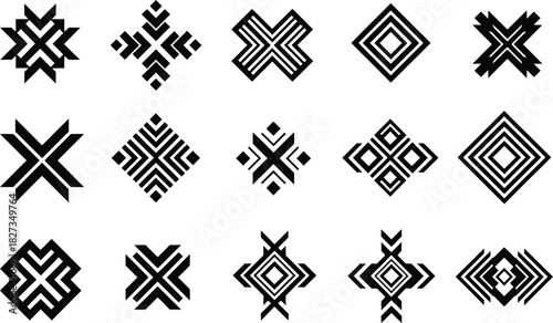 Large collection of small tribal ethnic geometric decorative motifs: abstract x-shape and diamond ornamental element set for fabric, textile, and packaging design.