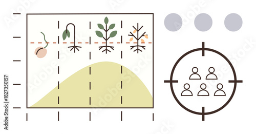 Growth stages of a plant marked on a graph alongside a target symbol with people icons inside. Ideal for growth stages, business strategy, audience segmentation, research, analytics, agriculture