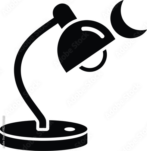Black silhouette icon of a desk lamp with a crescent moon, symbolizing night, study, or reading