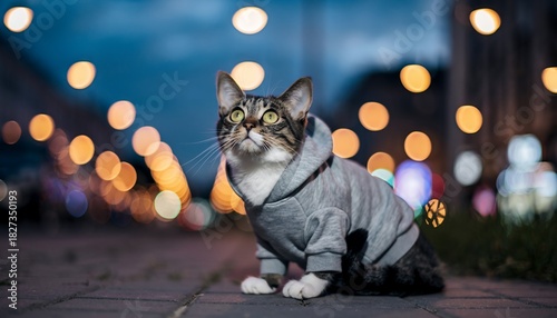 Fototapeta Naklejka Na Ścianę i Meble -  Cute Cat Wearing Gray Hoodie Sitting on City Street at Night with Bokeh Lights