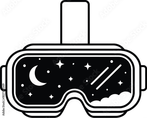 A virtual reality headset displaying a night sky with moon and stars, symbolizing immersive digital experiences and future