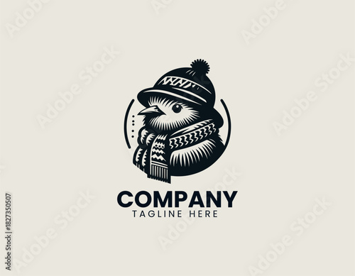New Zealand kiwi bird wearing a cozy scarf and hat in a charming winter themed black vector logo illustration