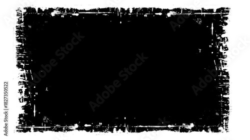 Grunge Texture Frame Overlay.Abstract black and white grunge border with scratches and paint splatters. Perfect for vintage film effects, photo edges, and alpha matte overlays.
