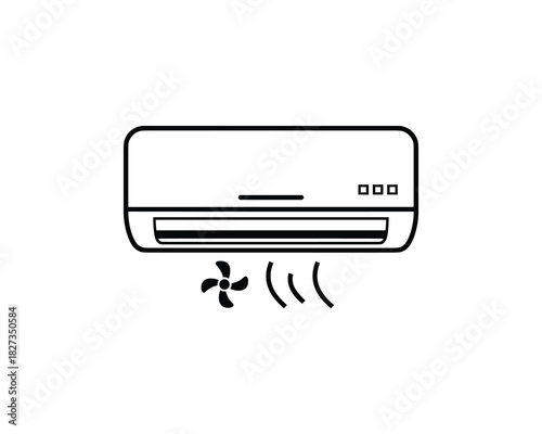 Air conditioner black icon. Fan and cold air symbol. Climate control system. Appliance illustration.