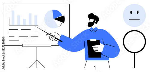 Business professional presenting data via a pie chart and bar graph on a whiteboard, with audience mood represented by symbols. Ideal for presentations, analysis, teamwork, feedback, education