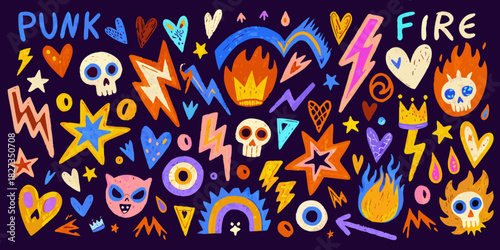 Punk rock and fire elements in a hand drawn doodle style