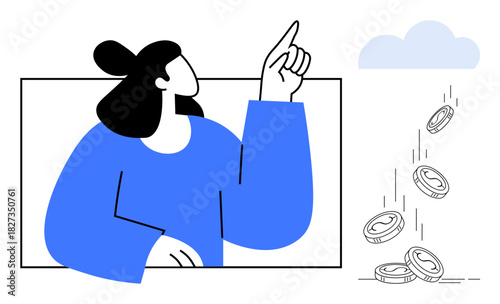 Woman raising finger in a thoughtful or eureka moment while coins descend. Ideal for finance, investment, wealth, opportunity, creativity, problem-solving, entrepreneurship. Simple flat metaphor