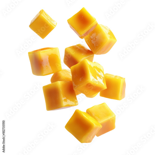 Tropical Mango Cubes Falling Studio Shot