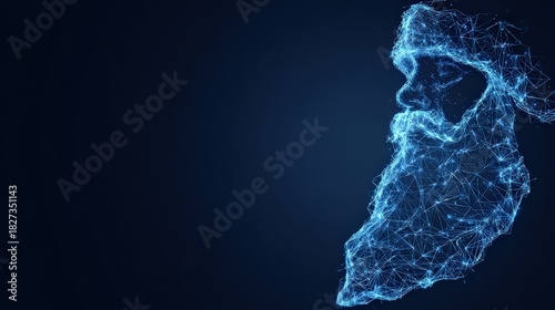 An artistic depiction of a Santa Claus profile, constructed from glowing digital lines and nodes, set against a dark blue background. ..Created with Generative AI, not depicting real subjects.
