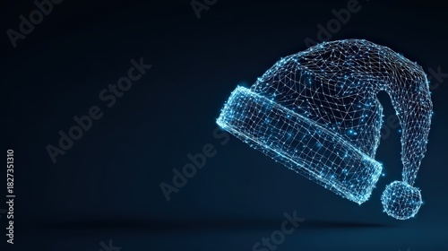 A futuristic Santa hat sparkles in a dark space, crafted from glowing points of light, symbolizing the digital era. ..Created with Generative AI, not depicting real subjects.