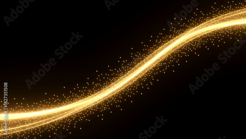 Golden light streaks and particles on black background