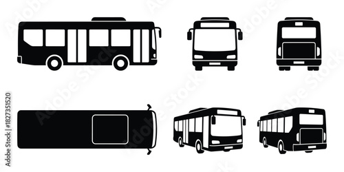 City bus illustration. Urban transport views icon set. Public vehicle black silhouette. Flat graphic design.