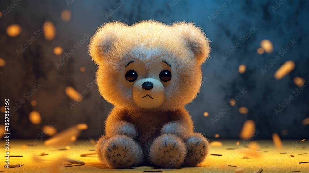 Fototapeta premium Sad Teddy Bear Sitting in a Dark Room with Glowing Particles.