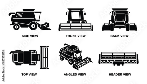 Combine harvester side, front, back, top, angled views with header view, agricultural machinery icons.