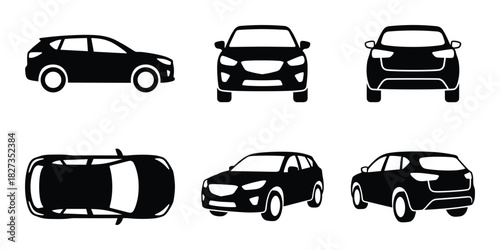 Crossover car side, front, back, top, angled views, suv auto transport for family, isolated.