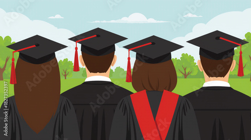 Graduation ceremony with students in caps and gowns outdoors