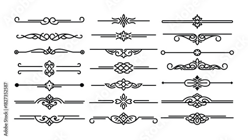 Ornamental text dividers and page rules collection showcasing calligraphic and linear design elements.