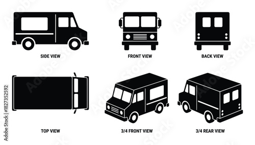 Commercial delivery truck various views. side front back top and 3/4 views.