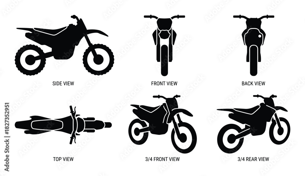 Fototapeta premium Dirt bike side, front, back, top, 3/4 front, 3/4 rear views, off road transport, isolated.