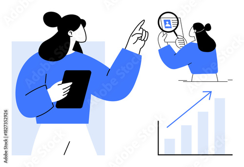 Identity verification concept. A person examines identification data while analyzing a chart. Identity verification ensures security, accurate data management, and safe transactions. For fintech