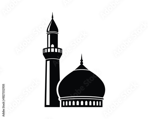 Mosque silhouette, dome and minaret, Islamic building icon, religious architecture symbol.