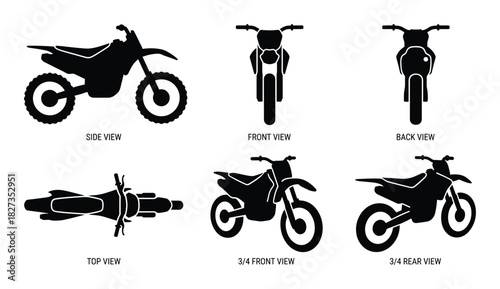 Dirt bike side, front, back, top, 3/4 front, 3/4 rear views, off road transport, isolated.