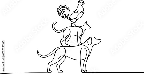 Continuous line art drawing of a domestic dog, cat, and rooster forming a stack, symbolizing harmony and collaboration, on a white background. Vector, illustration