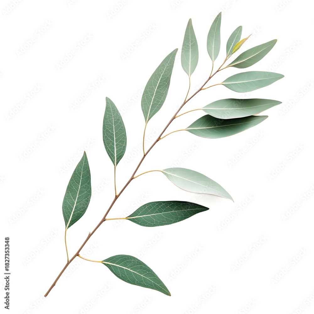 Obraz premium A delicate sprig of eucalyptus branch with soft, silverygreen oval leaves isolated on white background