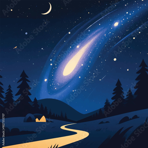 Night Sky And Galaxy Stars In The Countryside Illustrator Artwork Banner Background Design Template 