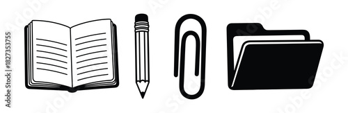 School and office supply icons. Book, pencil, paperclip, and folder symbols for education and work