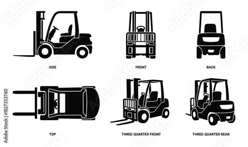 Forklift truck viewing angles flat icon set including side, front, back, top, three-quarter front, and three-quarter rear perspectives