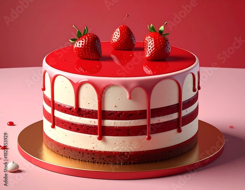 Delectable three-layer cake with red drip frosting and strawberry garnish on gold plate
