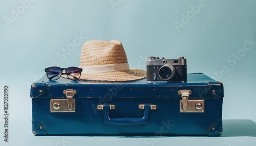 Travel Essentials Vintage Blue Suitcase Sunglasses Straw Hat Camera