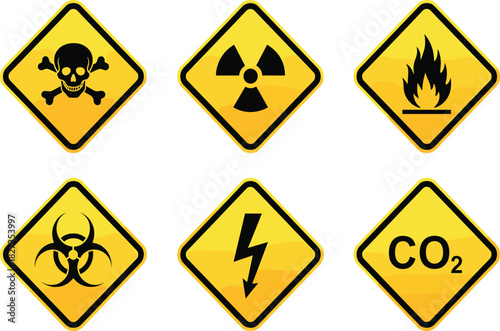 Warning sign vector set with poison radiation and fire symbols