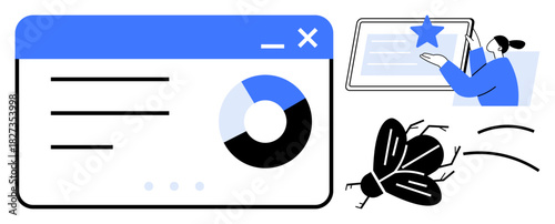 Data interface with chart and lists, woman highlighting star on tablet, flying bug concept. Ideal for analytics, review systems, debugging, UIUX, digital evaluation productivity testing. Simple