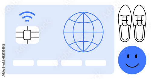 Digital payment concept. Digital payment with network, chip connectivity, and smiling face. Digital payment for e-commerce, contactless transactions, global shopping, fintech apps, mobile payments